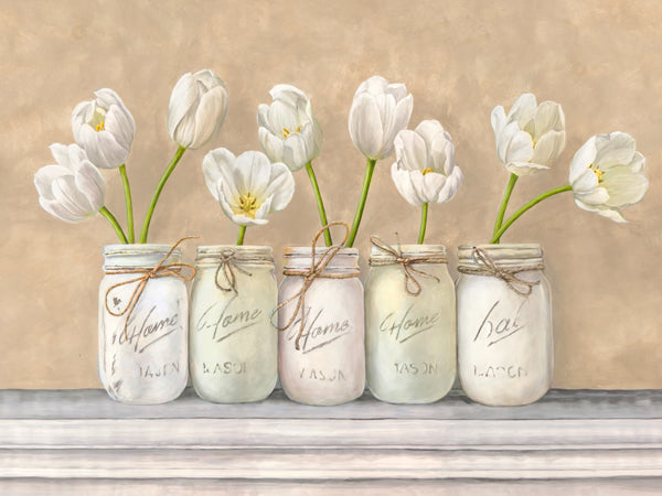 White Tulips in Mason Jars