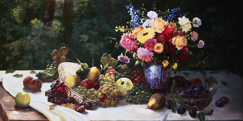 Vase of Flowers and Fruit on a Draped Table