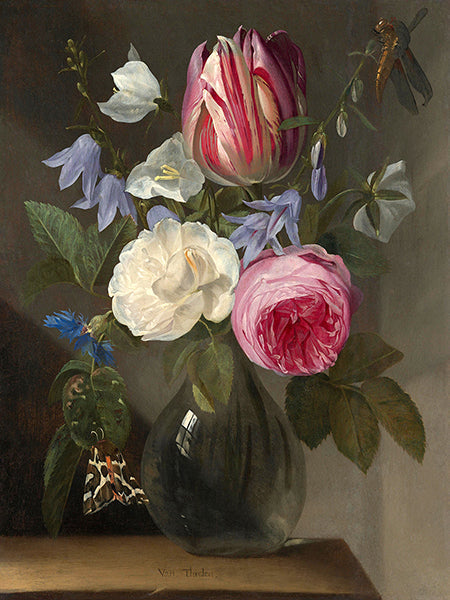 Roses and a Tulip in a Glass Vase