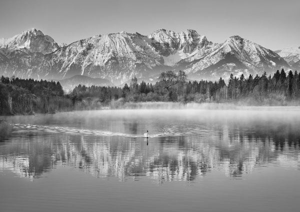 Allgaeu Alps and Hopfensee lake, Bavaria, Germany (BW)