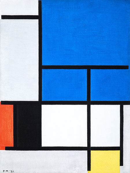 Composition with large blue plane, red, black, yellow, and gray